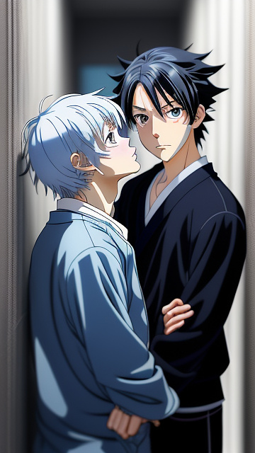 Two attractive adult anime boys. one of the boys, who is the head of the mafia, has black hair and blue eyes, and the other boy has white hair and blue eyes. the black-haired blue-eyed mafia boy presses the white-haired blue-eyed boy's neck against the wall and stares at her lovingly the white-haired boy with blue eyes is a little scared in anime style