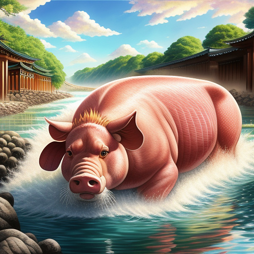 Corn fed river pig detailed and more biggish with background
 in anime style