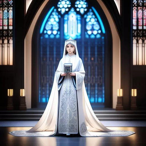 Woman priest with silver robes and light radiating behind her in anime style