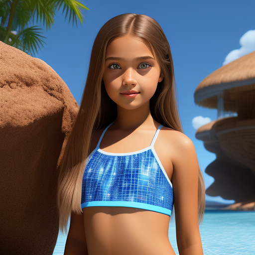 An eleven year old girl with light brown mid length straight hair, light brown eyes, wearing makeup and is wearing a two piece blue bathing suit  in disney 3d style