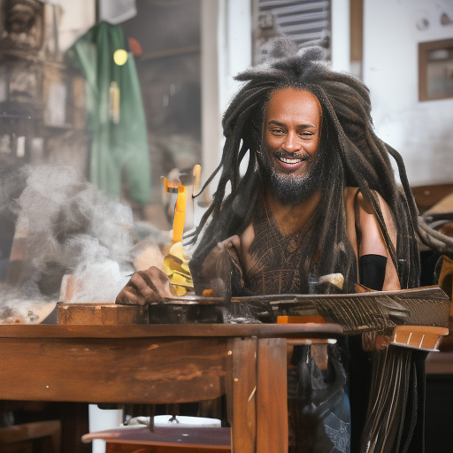 A black rastafarian is sitting on a worktable, smiling happily and smoking. the room is smoky. in custom style