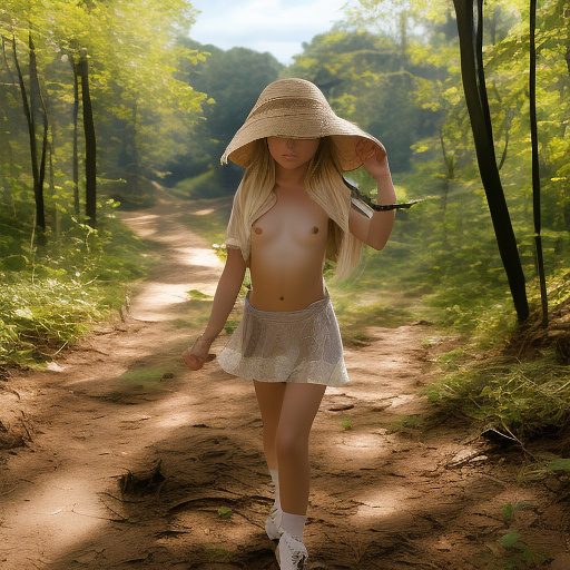 A 9-year-old girl is skipping along a forest path. she has a basket in her hands and a sun hat on her head. she's naked in custom style