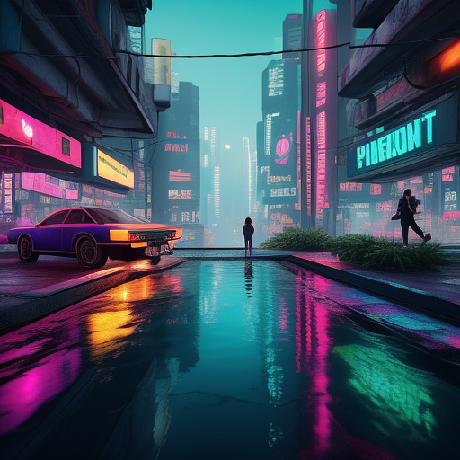 Naked natural perfect tits girl stand next to pool with her boyfriend and another people in cyberpunk style