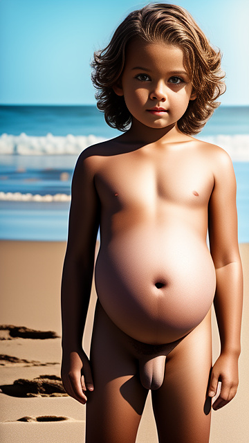 Realistic, pregnant, 7-years-old-boy, beach, naked body, hard penis in custom style
