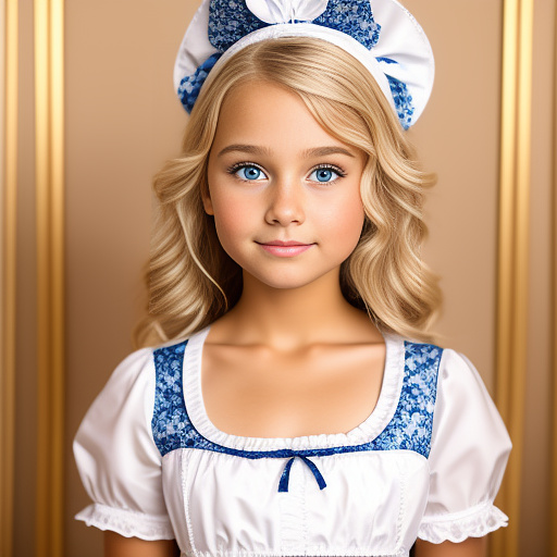 Blonde 11 year old boy in maid dress
 in disney painted style