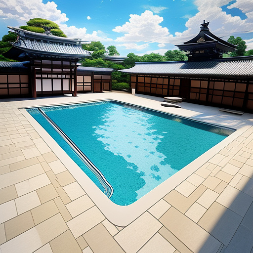 Swimming pool in the courtyard with surrounding protection in anime style