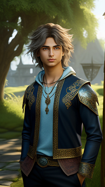 Cute mördern teen boy with fair skin and messy hair sparking eyes.  in fantasy style