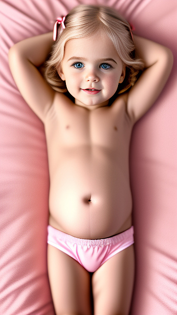 Realistic, detailed, 4-year-old blonde girl, in pink underwear, pregnant, laying in bed, top down full body view, makeup red blush, hands on belly   in custom style