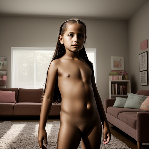Ultra realistically a 9 year old girl naked in the living room and a 40 year old man naked in custom style