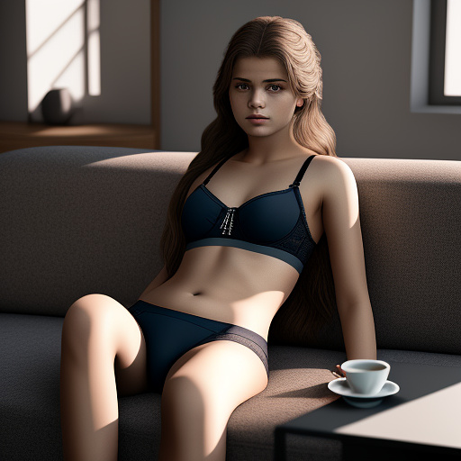 Ultra realistic a 15 year old german girl sits on the sofa in the living room in sexy underwear in custom style