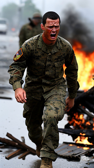 An injured 30 year old marine pulls himself from flaming debris. in custom style