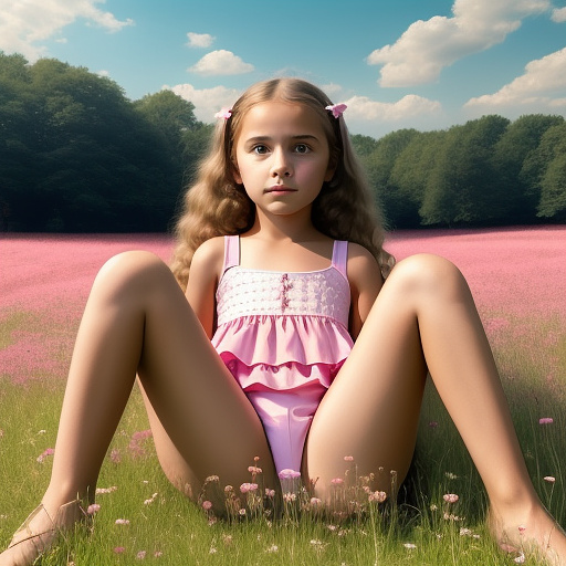 Ultra realistically a 10 year old girl in pink dress sits with spreading legs on the meadow detailed in custom style