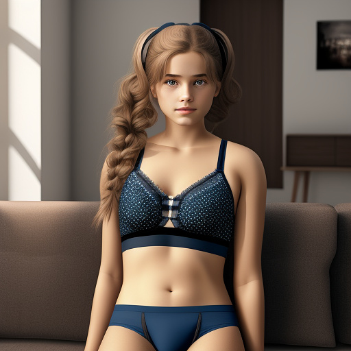 Ultra realistic a cute 15 year old german girl sits on the sofa in the living room in sexy underwear in custom style