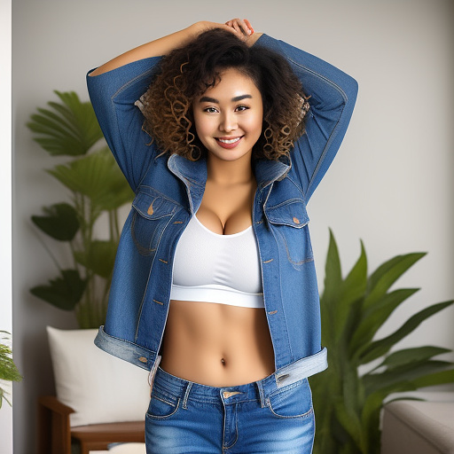 Sexy asian college student with her arms up and large boobs and short curly hair and in a long sleeve loose denim jacket and jeans pants and showing her cleavage and standing in the living room and full body picture in custom style