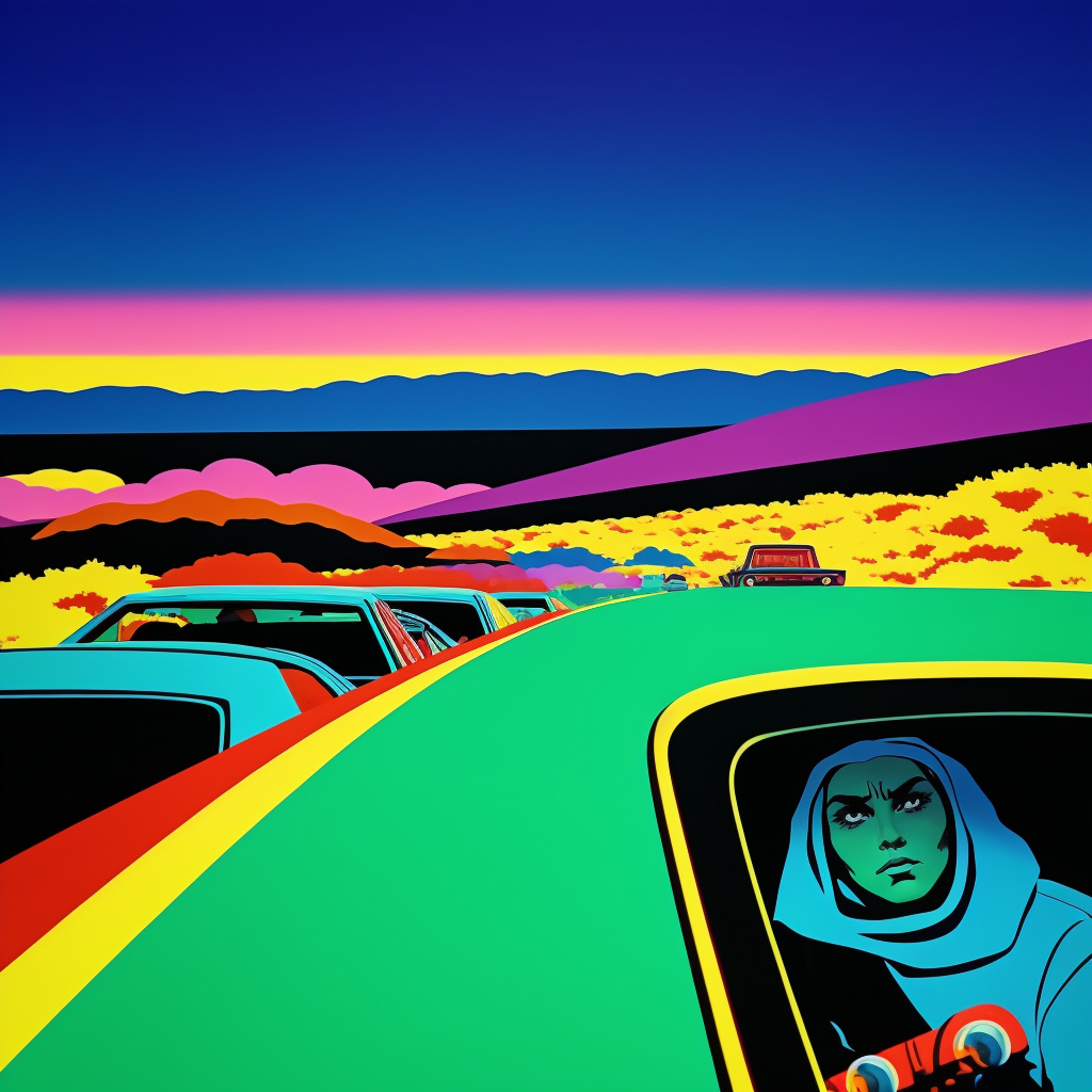 Ninjas and zombies driving around in a 1970s psychedelic animation in custom style