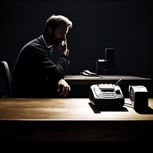 In a dark room, there is a telephone and a gun on the table. a man is sitting on a chair, and he is dead. in custom style