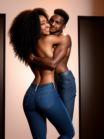 Muscular black skinned female, topless in high waisted jeans, (hugging tightly) and (sucking neck:1) muscular black skinned male, topless in high waisted jeans, moaning in disney painted style