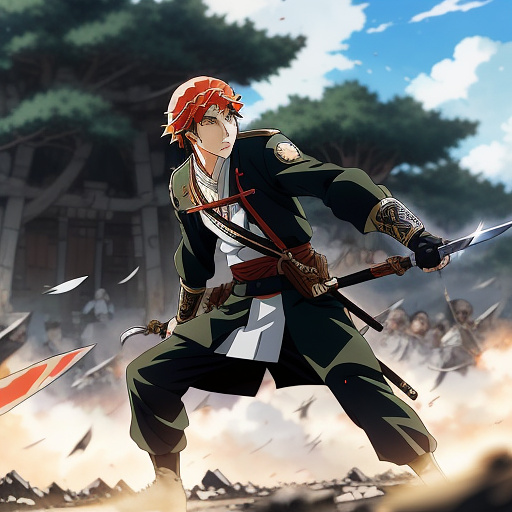 A person in war with a sword against a army in anime style