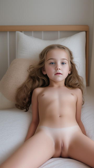A 7-year-old girl lies naked on a bed and masturbates. in custom style