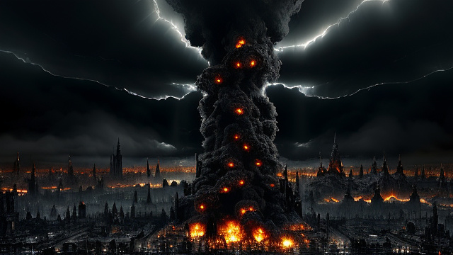 A hive-city being struck by something from space, a huge explosion and building debris going everywhere. in gothic style