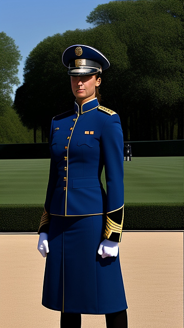 A pretty, athletically fit caucasian female soldier standing at attention in a formal dress uniform. in custom style