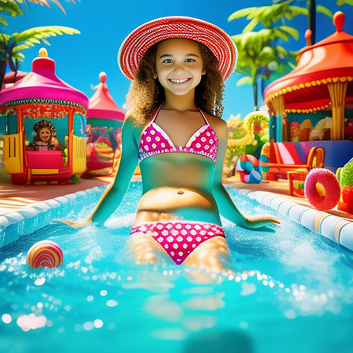 A beautiful ten year old girl in a pool spreading her legs while wearing a bikini in kids painted style
