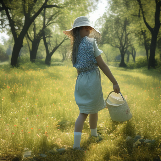 A girl is skipping across a sunny lawn. she has a basket in her hands and a hat on her head. in custom style