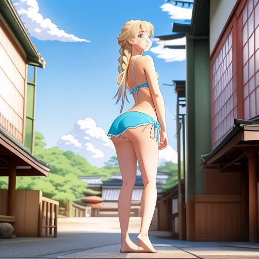 Elsa from frozen in a bikini standing at a bus stop bending over and picking up a coin from the floor in anime style