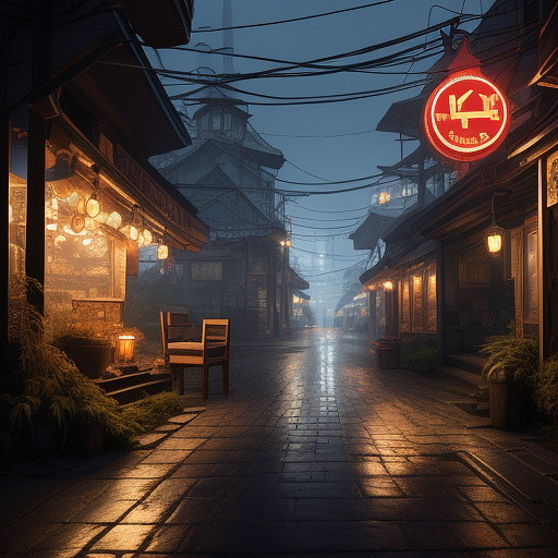 Night, dark, lanterns are shining, a quiet empty street in the style of the city of suzdal, shops, fog, buildings, november, trees, bushes, detailed drawing, cozy, atmospheric in cyberpunk style