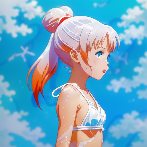 3 year old wearing bikini with white goo on her in anime style