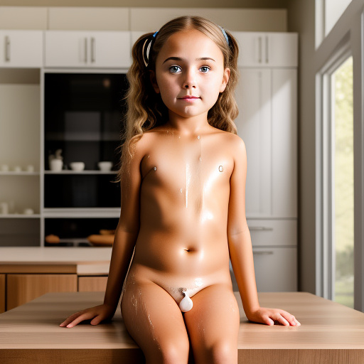 Ultra realistically a 10 year old girl sits on kitchen table and shows her open sheath with sperm drips out of very close detailed in custom style