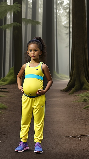 Pregnant, 7-years-old, jenna ortega, forest, front view, yellow sports bra, full body, jogging in custom style