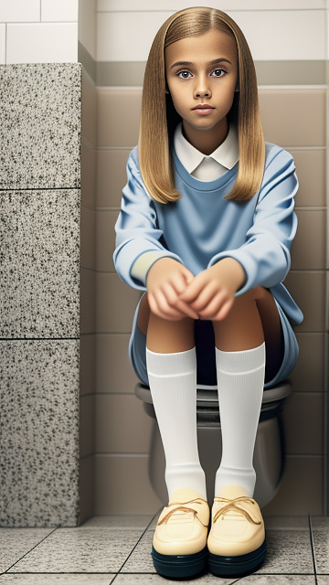 Realistic, detailed 12-year-old, blonde haired girl, full body length, wearing her rubber shoes, with long socks, wearing long sleeve shirt only, pale skin, sitting on the toilet pot, in custom style