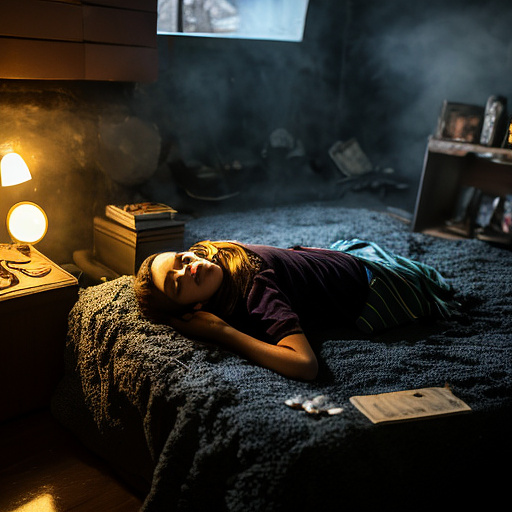 The room is dark, smoky and a mess, the bed is broken. there is an ashtray with an outstanding cigarette on the table. a 13-year-old girl is lying on a bed and crying. in custom style