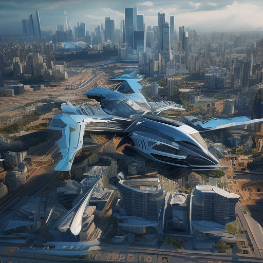 An airplane is flying. people in design of the future style