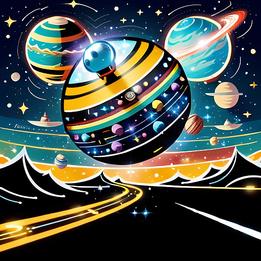 A cheerful transformer flies through space against the backdrop of planets. in disney painted style