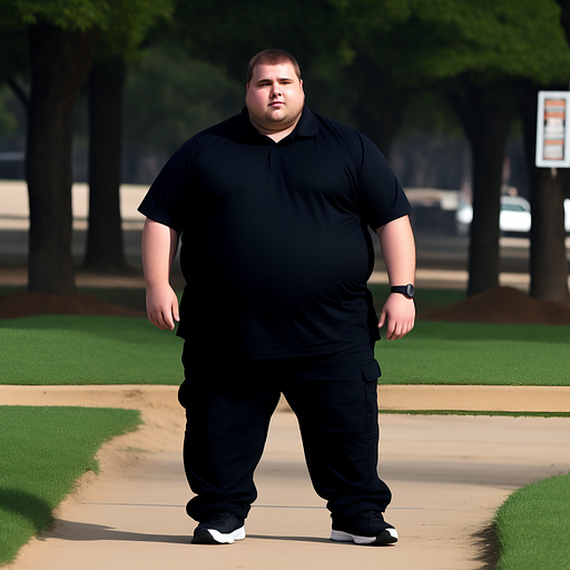 Obese brown haired white young security man with face and full body visible. in custom style