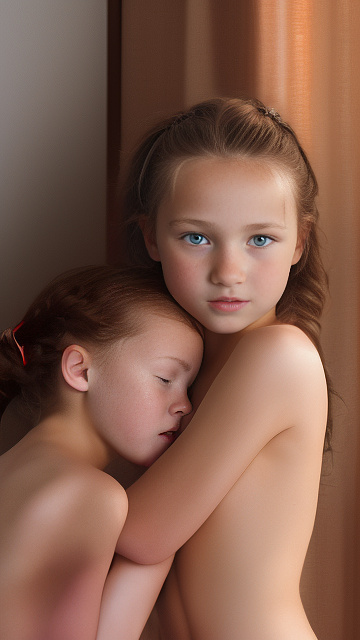 A 9-year-old naked girl is sucking another girl's breast. in custom style