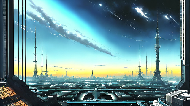 A large space station in space with docked ships.
 in anime style