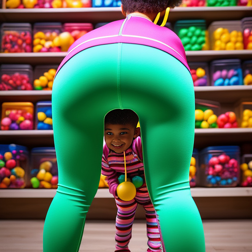 A 10 year old boy in tight leggings bending over to pick something up in kids painted style