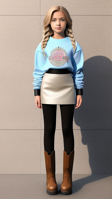 Realistic, detailed 12-year-old, blonde haired girl, full body length, wearing her short boots, wearing her long sleeve t-shirt, wearing mini leather pencil skirt, front view, doing a sexy pose, in custom style