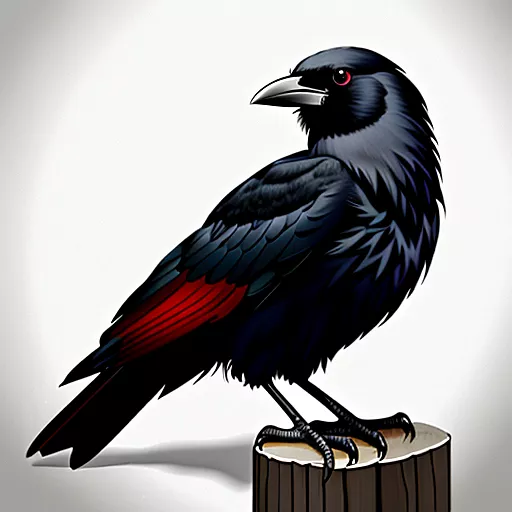 Crow with a knife and dark red feathers in anime style