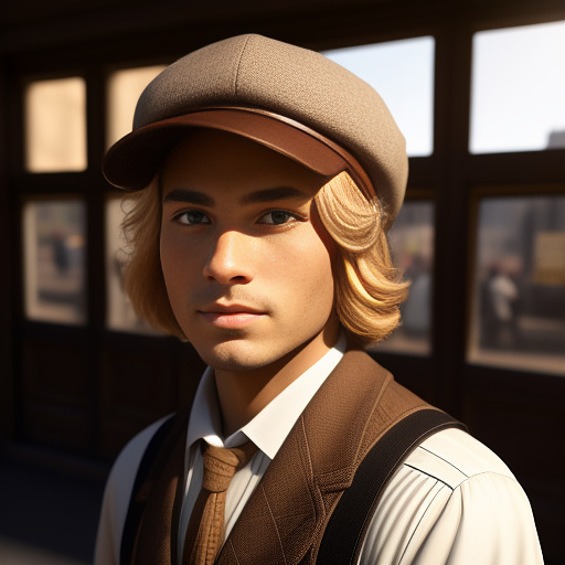 1930s blonde newsboy selling papers while wearing brown cap
 in egypt style