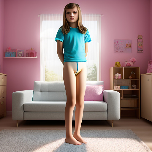 Ultra realistically a 13 year old girl stands in the living room and shows her pussy in custom style