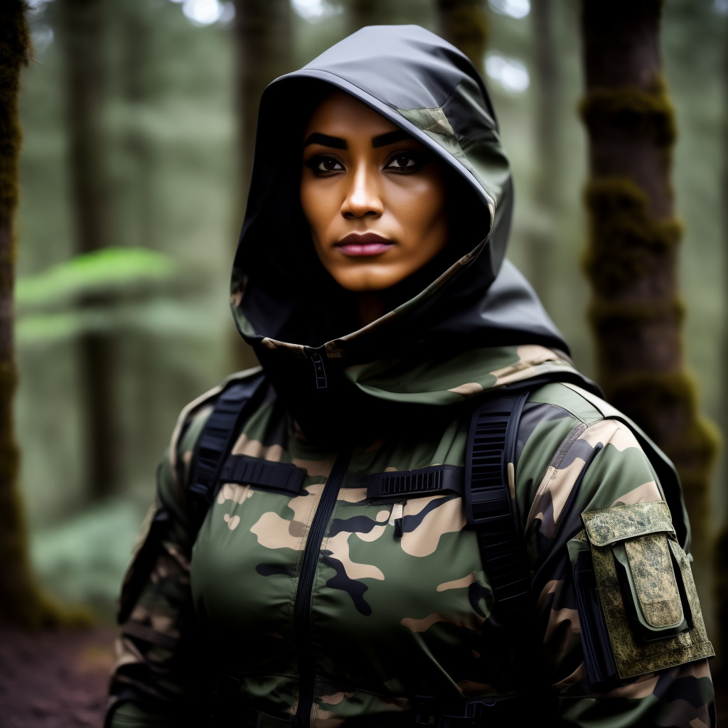 Fierce, intricate and organic tactical garb, with advanced ballistic properties, with very deep stunning hood and veiling cloth mask; faceless and mysterious; with hi-tech digital woodland tiger stripe camouflage; splashed with blood and sand in custom style