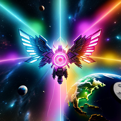 A cheerful transformer flies through space against the backdrop of planets. in angelcore style