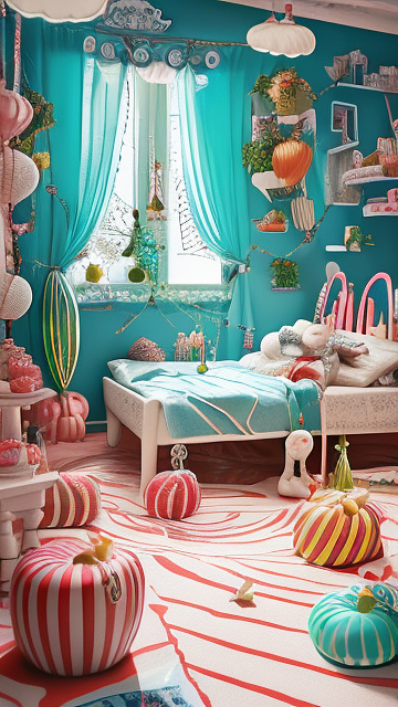 A skinny 9-year-old girl with big boobs and white hair is lying on her bed with her legs spread wide in kids painted style
