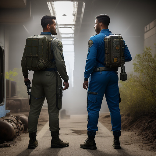 Showing a frontal view, a vault dweller from vault 72 stands out with their clean and uniform appearance. they wear a well-fitted blue jumpsuit, accented by bright yellow stripes running down the sleeves and legs, and the number 72 prominently displayed on the chest and back. the jumpsuit, crafted from durable material, is meticulously maintained, though it may bear the occasional scuff or patch from recent ventures outside the vault. their skin is less weathered compared to wasteland survivors, and their facial features are less rugged, indicating a sheltered life underground. their eyes, reflecting a blend of curiosity and caution, peer out from beneath a slightly disheveled yet clean haircut. on their left wrist, they wear a pip-boy, a bulky yet indispensable device for navigation and survival, marking them unmistakably as a vault 72 resident. in steampunk style