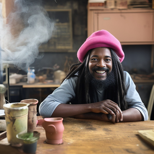 A black rastafarian is sitting on a worktable, smiling happily and smoking. the room is smoky. he's wearing a pink cap. in custom style