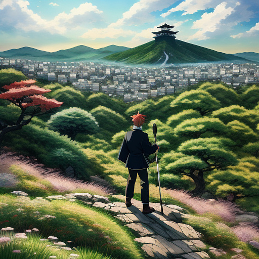 Man with sward on mountain withdragon in anime style
